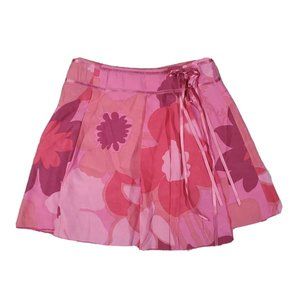 Sisley Women's SZ38 Wrap Mini Skirt Pink Floral Ribbon Tie Pleated Fit and Flare